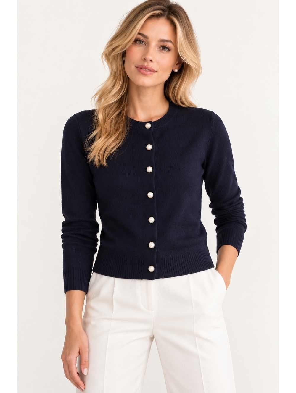 Karl Lagerfeld Paris Women’s XS Navy Pearl Button Cardigan Classic Preppy